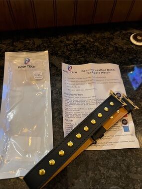 POSH TECH Black Leather Apple Watch Band with Gold Hardware and Stud Accents